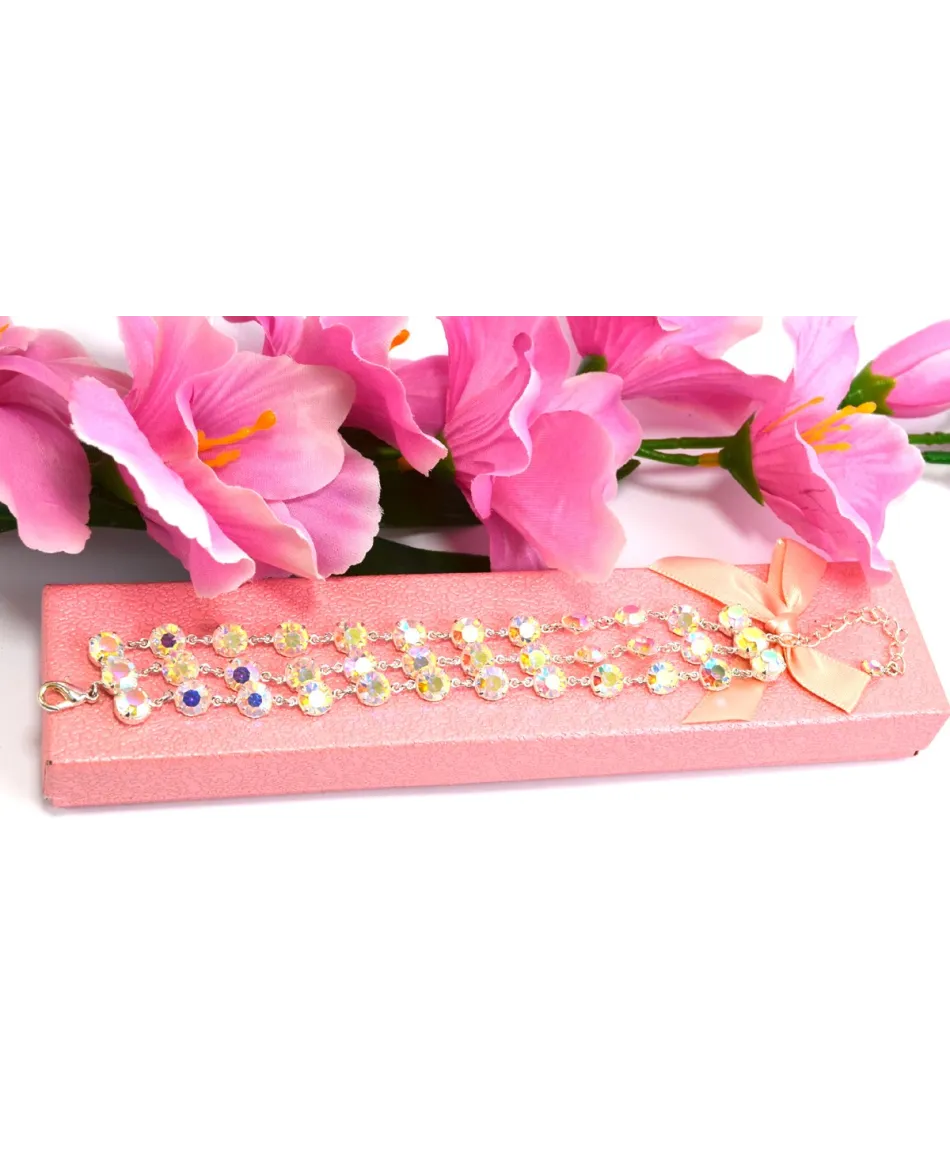 Bransoletka potrójna kolorowe proste kryształki w srebrnej oprawie