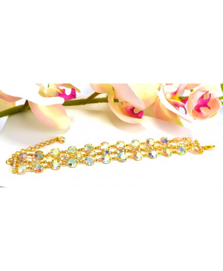 Bransoletka potrójna kolorowe kryształki w złotej oprawie