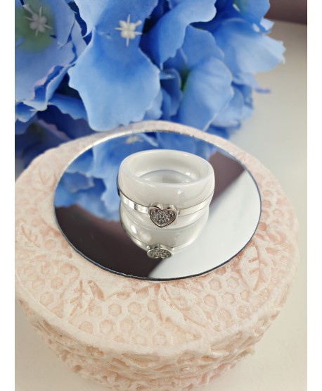 Pierścionek stal ceramika biała