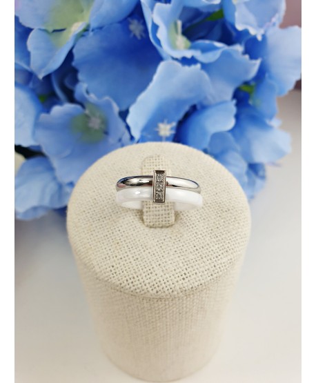 Pierścionek stal ceramika biała