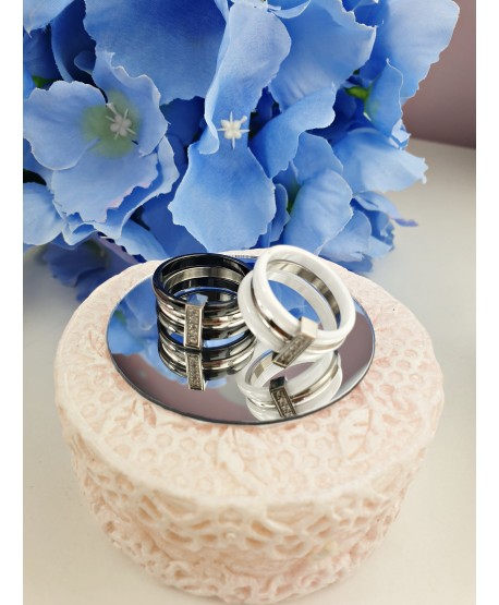 Pierścionek stal potrójny biała ceramika