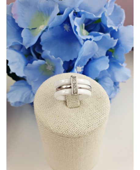 Pierścionek stal potrójny biała ceramika