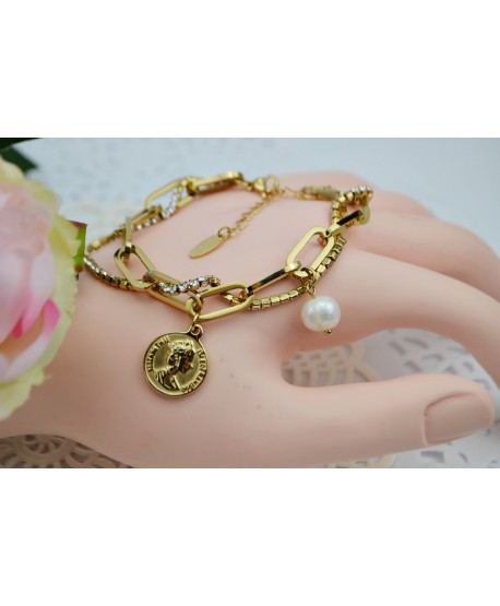 Bransoletka stal złota z dużymi elementami