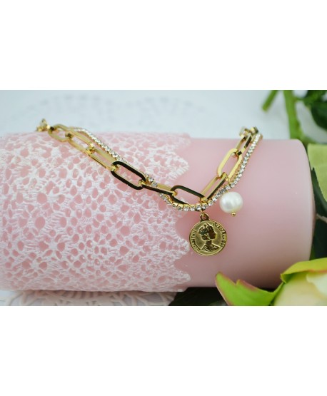 Bransoletka stal złota z dużymi elementami