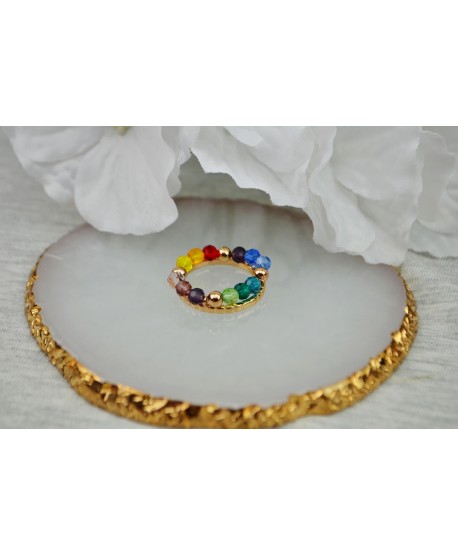 Pierścionek stal złoty z koralikami