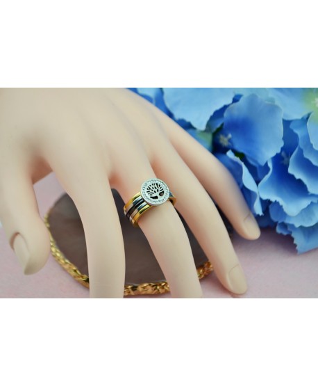 Pierścionek stal drzewko szczęścia trójkolorowy