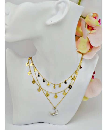 Naszyjnik kaskadowy stal złoty z gwiazdkami