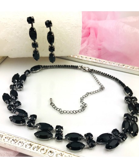 Naszyjnik z kolczykami czarny w stalowo-szarej oprawie