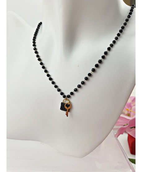 Naszyjnik stal czarne koraliki kłódka i kluczyk