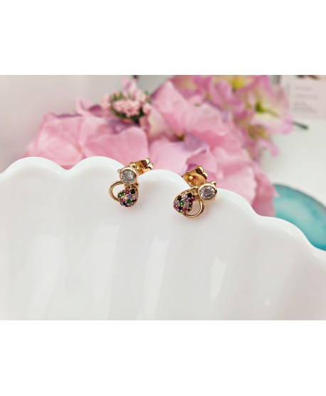 Kolczyki złote kotki z kolorowymi kryształkami