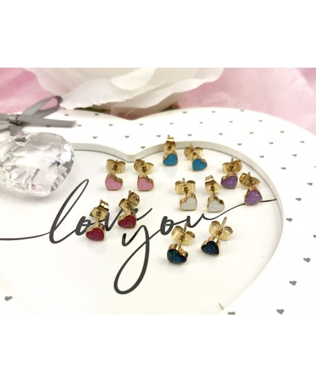 Kolczyki stal malutkie serduszka z brokatem