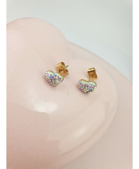 Kolczyki stal złote opalizujące serduszka