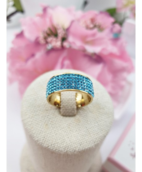 Pierścionek stal złoty z niebieskimi dżetami