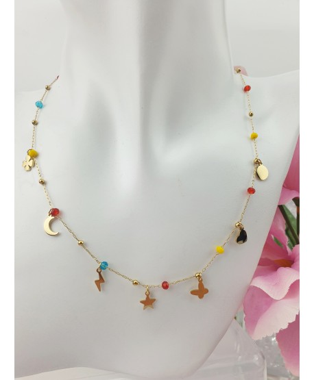 Naszyjnik stal zloty z kolorowymi zawieszkami