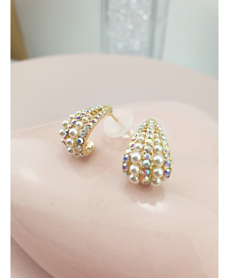 Kolczyki stal złote łezki z perełkami opal