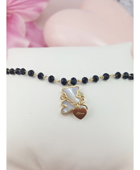 Bransoletka złota stal na nogę z czarnymi kryształkami