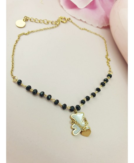 Bransoletka złota stal na nogę z czarnymi kryształkami