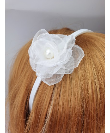 Opaska z tiulowym kwiatuszkiem biała