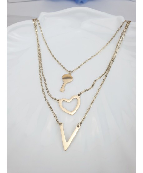 Naszyjnik kaskadowy z kluczykiem, serduszkiem oraz V