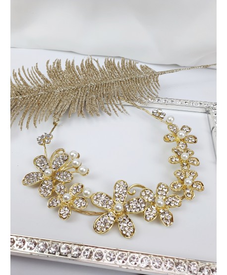 Ozdoba do włosów złota kwiaty z perełkami