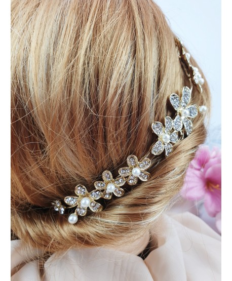 Ozdoba do włosów złota kwiaty z perełkami
