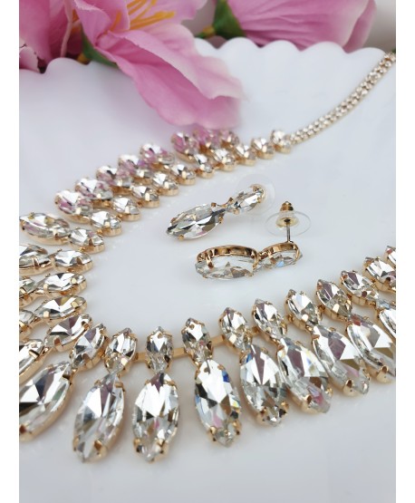 Bogaty komplet naszyjnik i kolczyki kryształowy w złocie