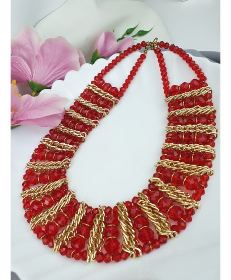 Bogaty naszyjnik czerwień w złocie z koralików