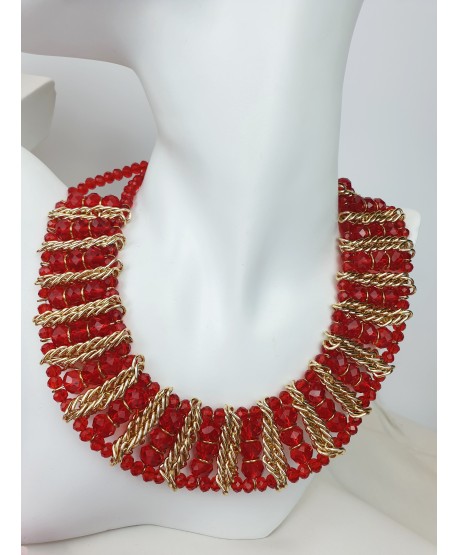 Bogaty naszyjnik czerwień w złocie z koralików