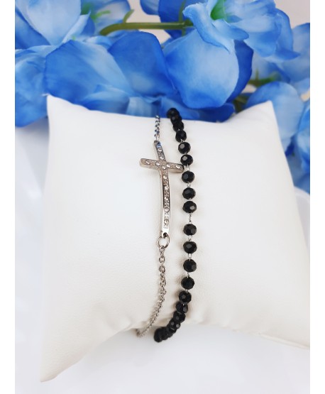 Bransoletki stal srebrne z czarnymi koralikami