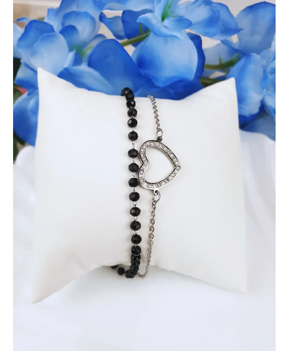 Bransoletki stal srebrne z czarnymi koralikami