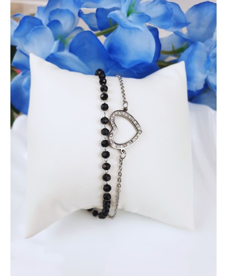 Bransoletki stal srebrne z czarnymi koralikami