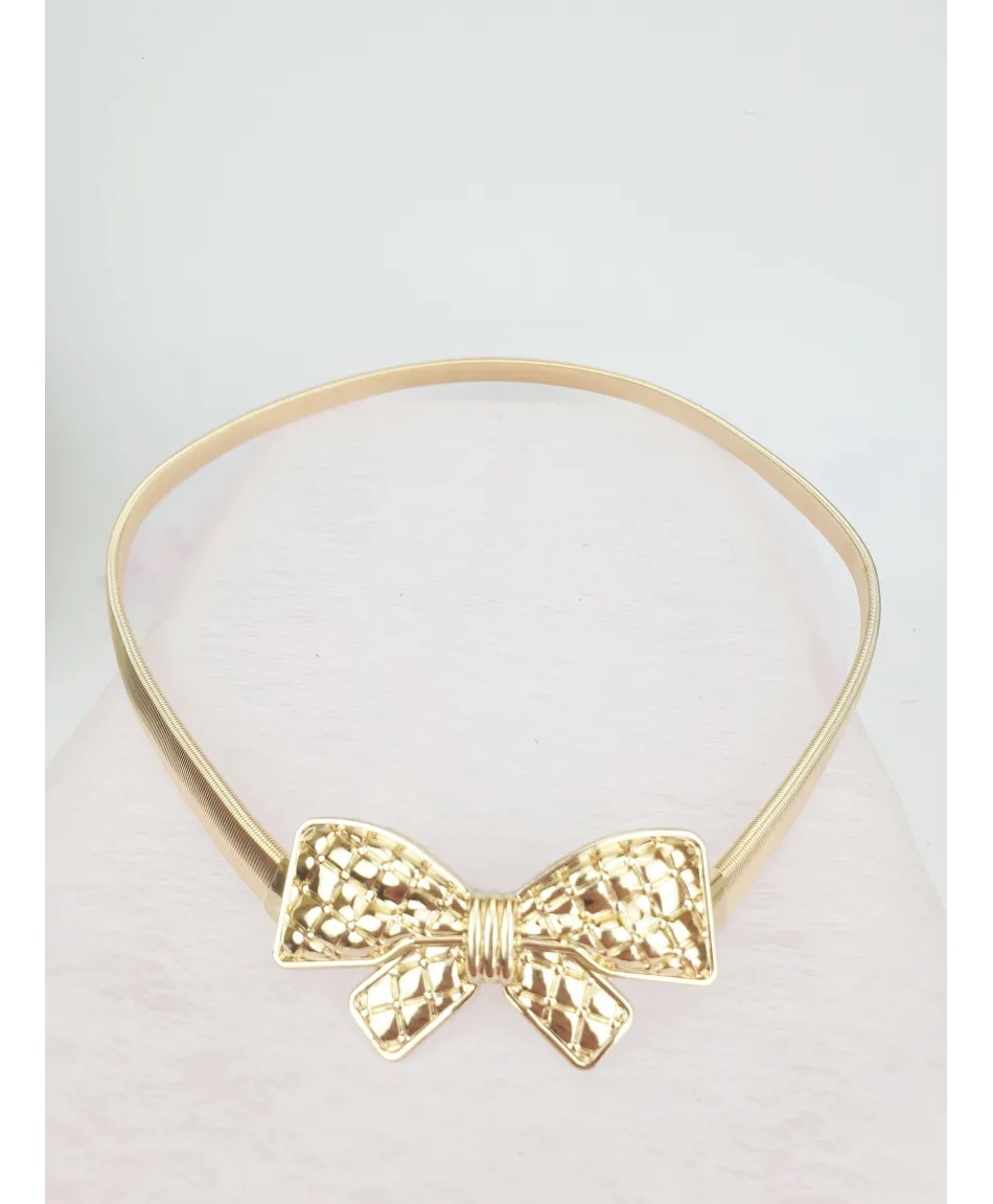 Sprężynkowy pasek do sukienki złote z kokardkami