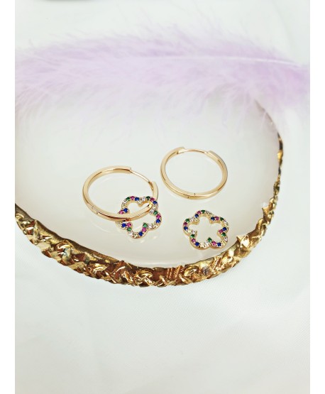 Kolczyki stal złote kółeczka z kolorową koniczynką