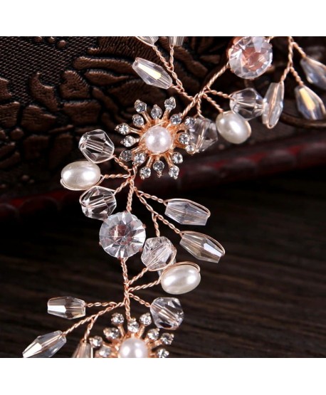 Ozdoba na druciku różowe złoto z kryształkami i perełkami