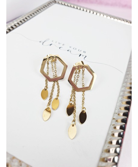 Kolczyki stal złote romby z łańcuszkami