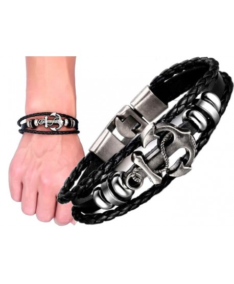 Bransoletka męska z kotwicą czarna/brązowa