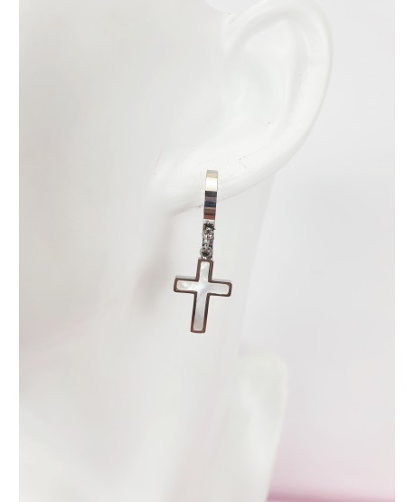 Kolczyki na kółeczku krzyże z masą perłową srebrne stal