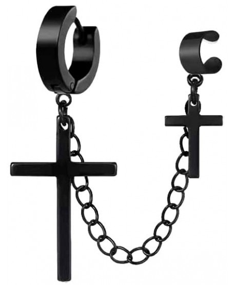 Nausznice z krzyżami i łańcuszkiem czarne/srebrne