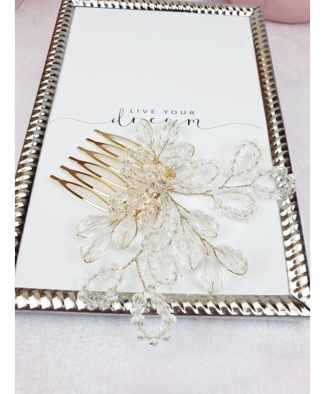 Grzebień ozdobny złoty kryształki na drucikach