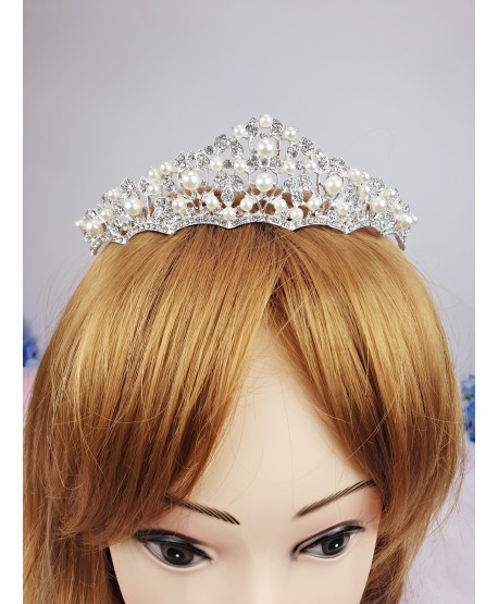 Korona diadem srebrna na grzebyku z perełkami