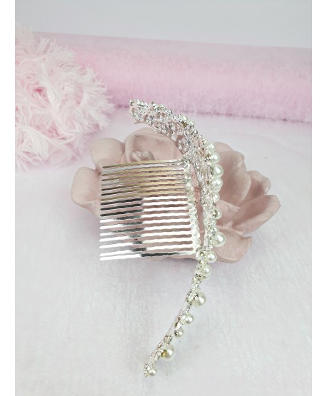 Korona diadem srebrna na grzebyku z perełkami