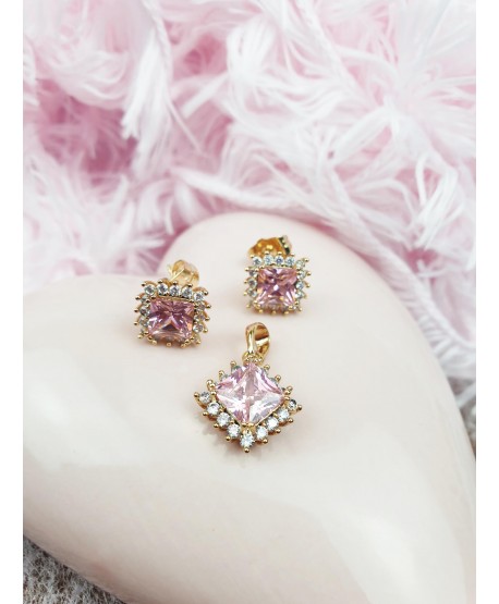 Komplet zawieszka kolczyki stal różowe romby