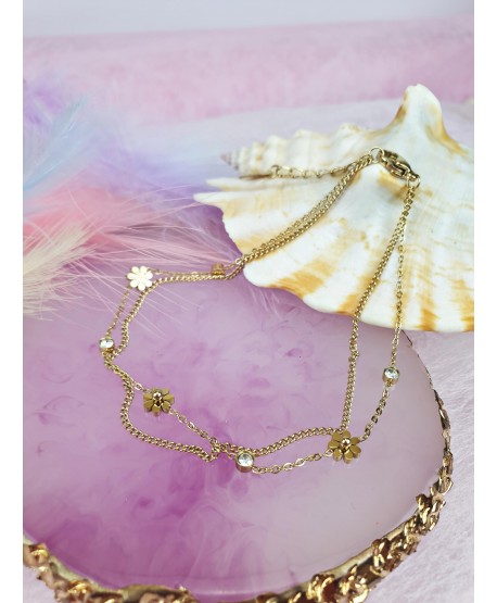 Bransoletka na kostkę stal złota z kwiatuszkami