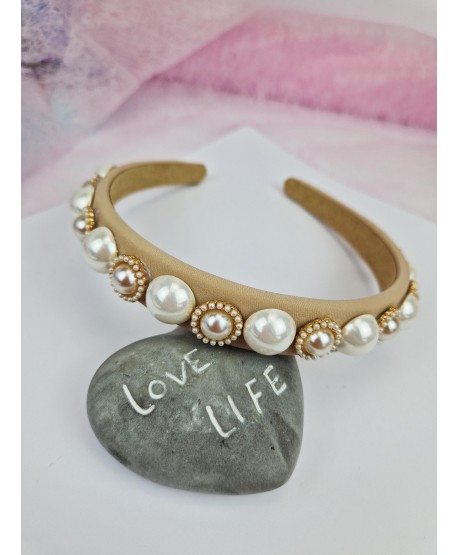 Opaska beżowa z perełkami