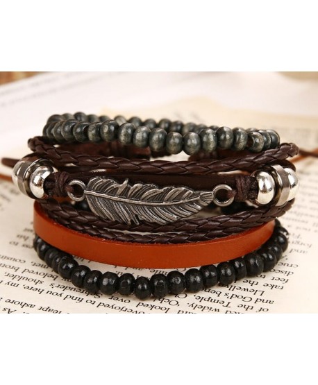 Komplet bransoletek czarno-brązowy z liściem