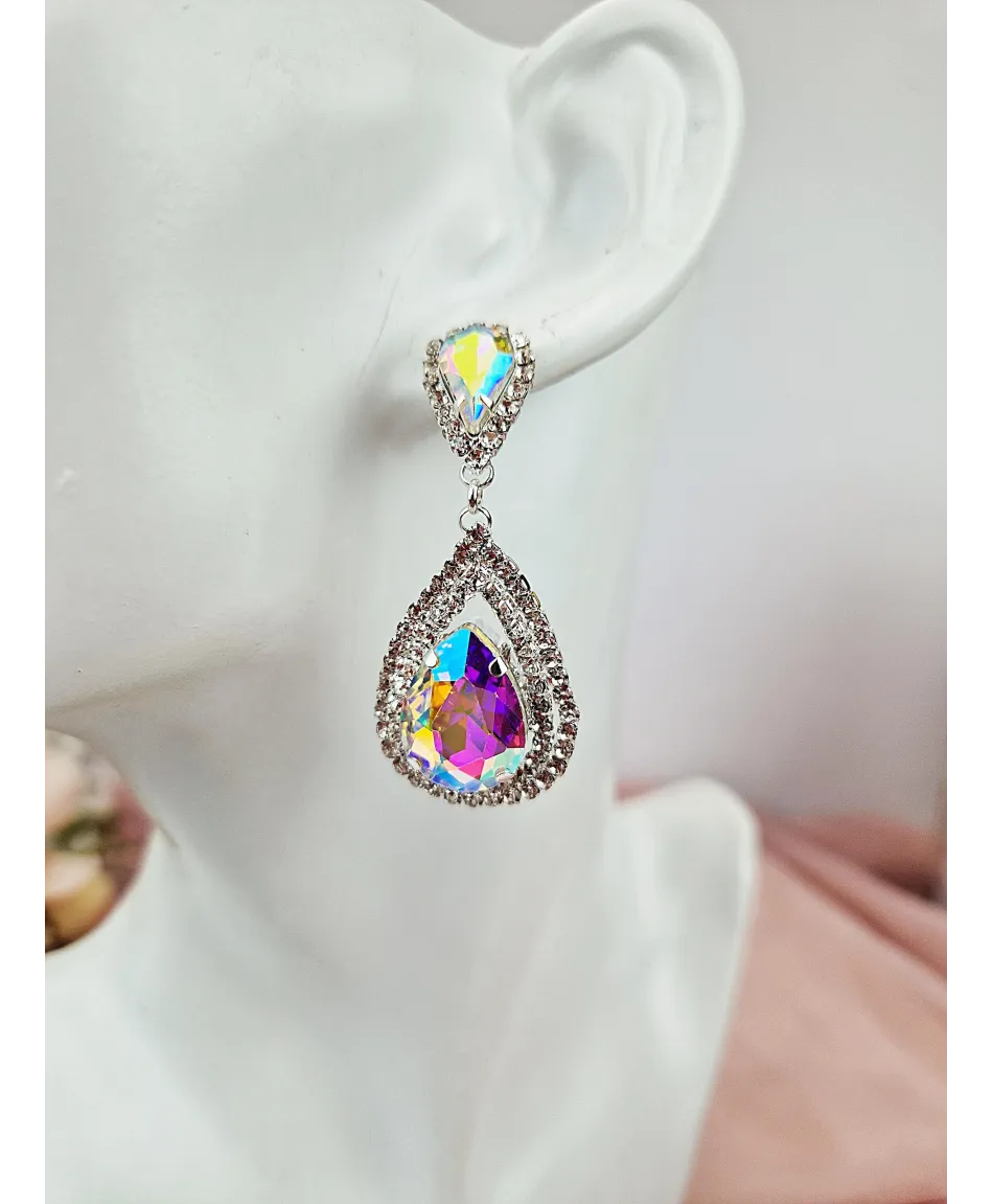 Kolczyki kryształowe łezki srebrne opalizujące