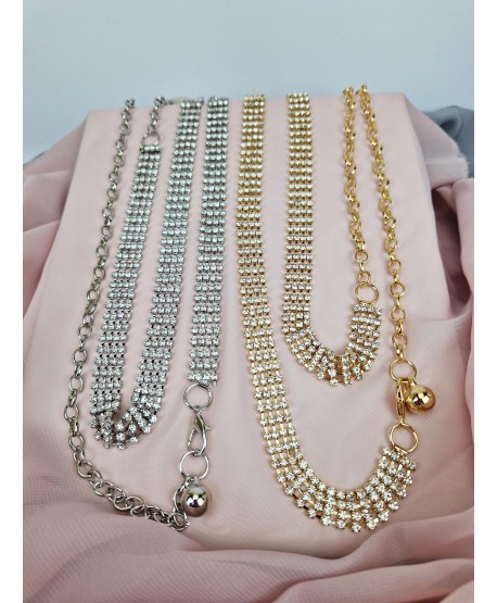 Pasek do sukienki cyrkoniowy złoty srebrny 4-rzędowy