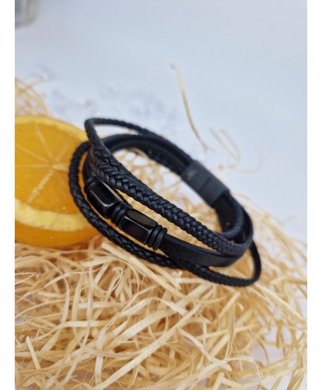 Bransoletka męska skórzana czarna z grafitem