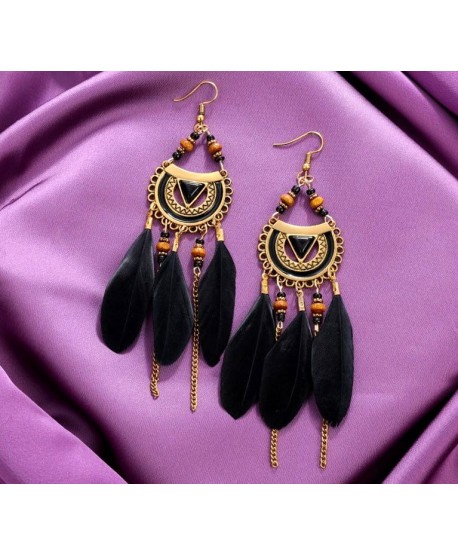 Kolczyki czarno-złote pióra boho