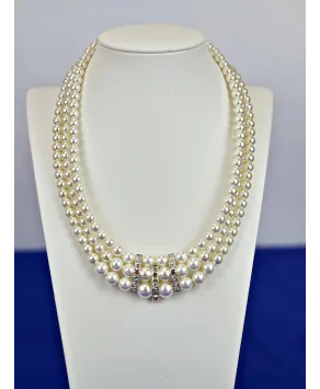 Naszyjnik ze szklanych białych pereł ze wstawką potrójny